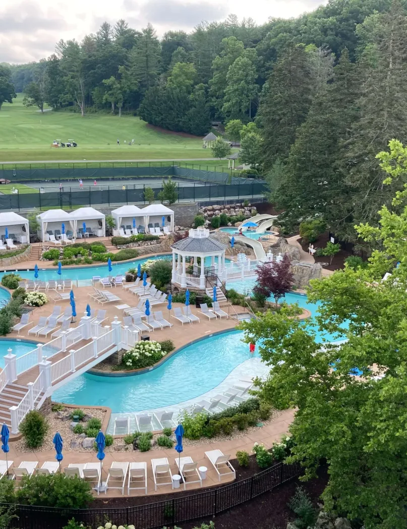 The newly renovated pools next to the tennis courts at The Omni Homestead resort in Hot Springs, Virginia.