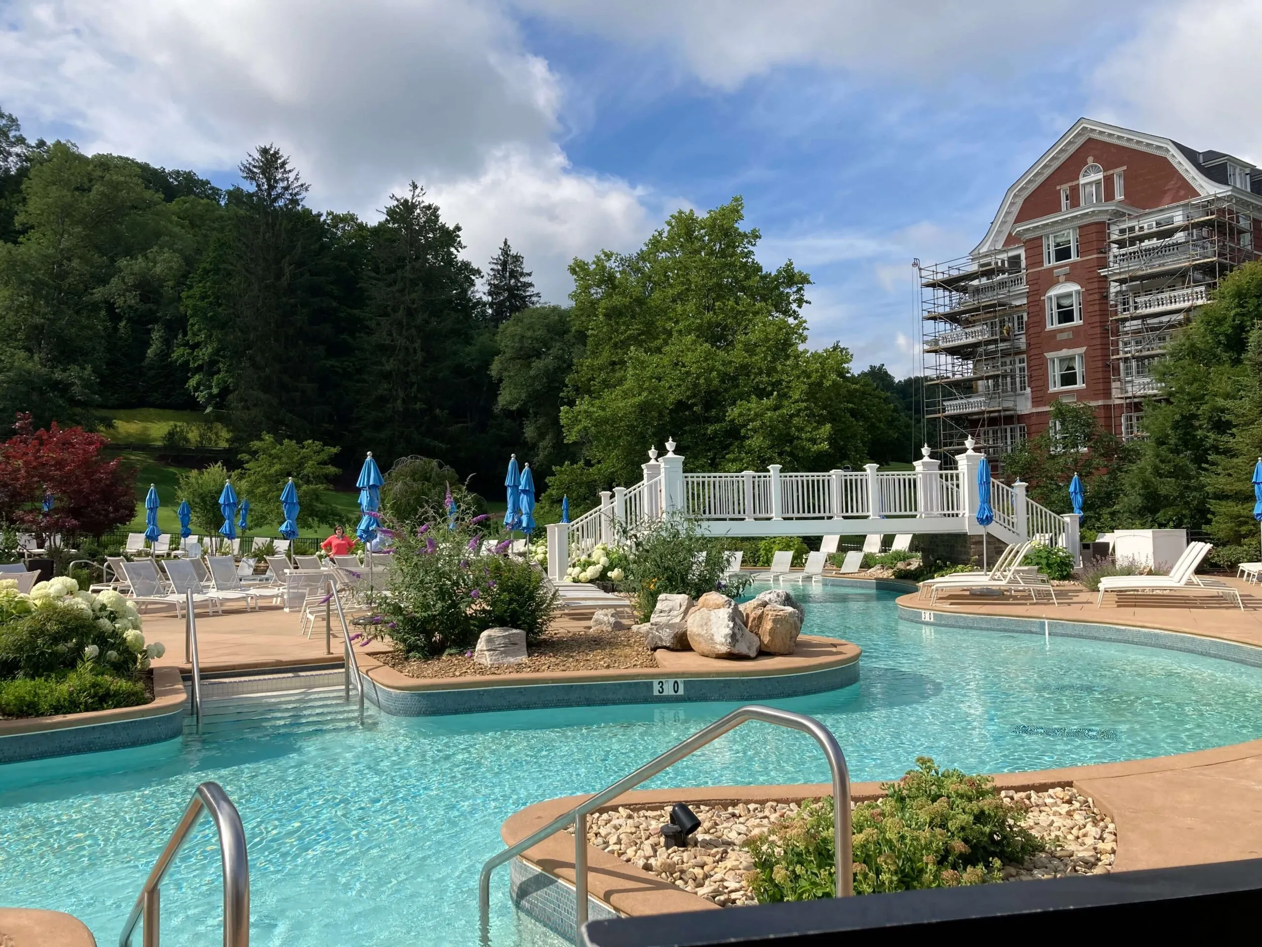 The newly renovated pools next to The Omni Homestead resort building in Hot Springs, Virginia.