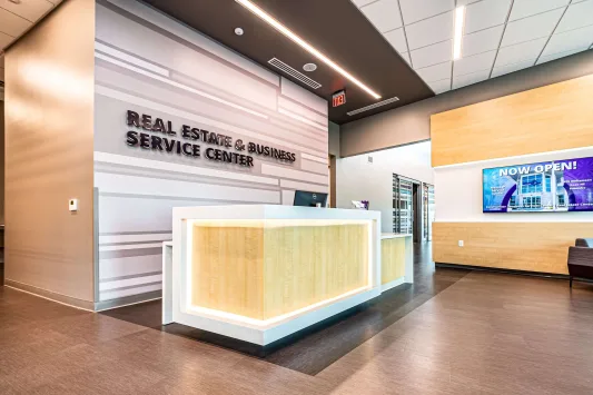 The service desk at the entrance of the Member One Federal Credit Union Service Center in Roanoke, Virginia.