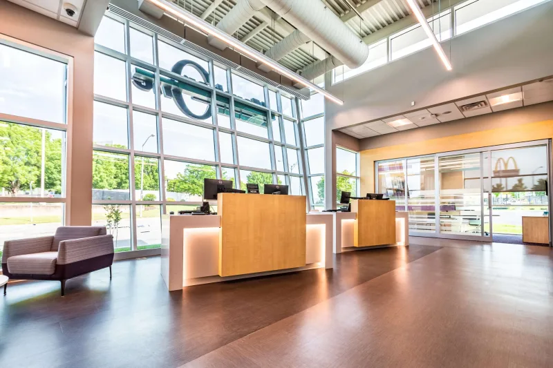 Service desks in the main lobby of the Member One Federal Credit Union Service Center in Roanoke, Virginia.