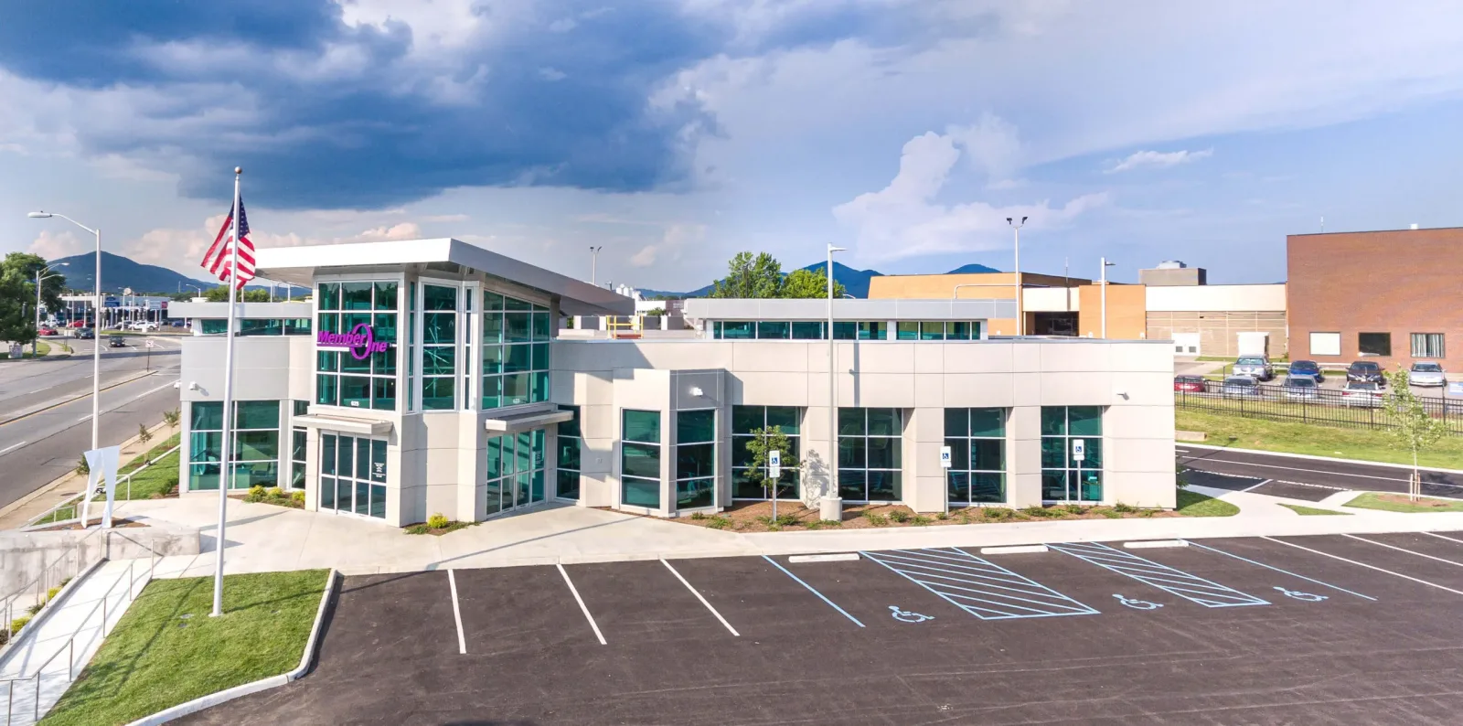 The exterior of the Member One Credit Union Service Center building in Roanoke, Virginia.