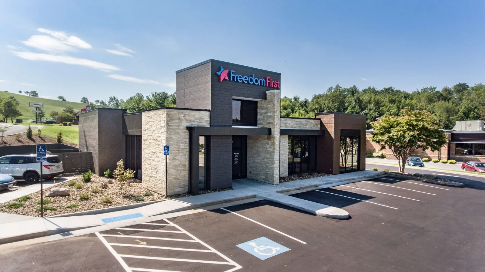 The exterior of the Freedom First Credit Union building in Bonsack, Virginia.