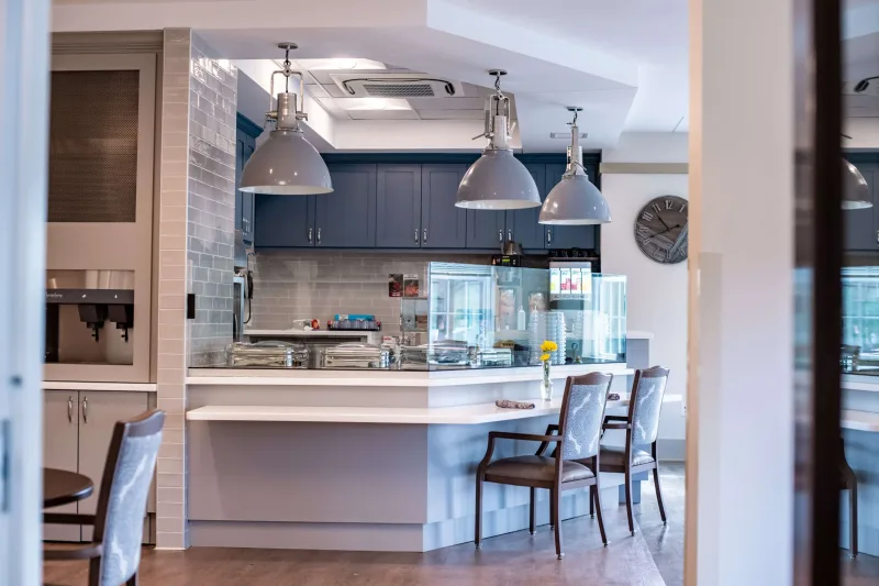 The kitchen in the community room at Brandon Oaks Nursing & Rehabilitation Center in Roanoke, Virginia.