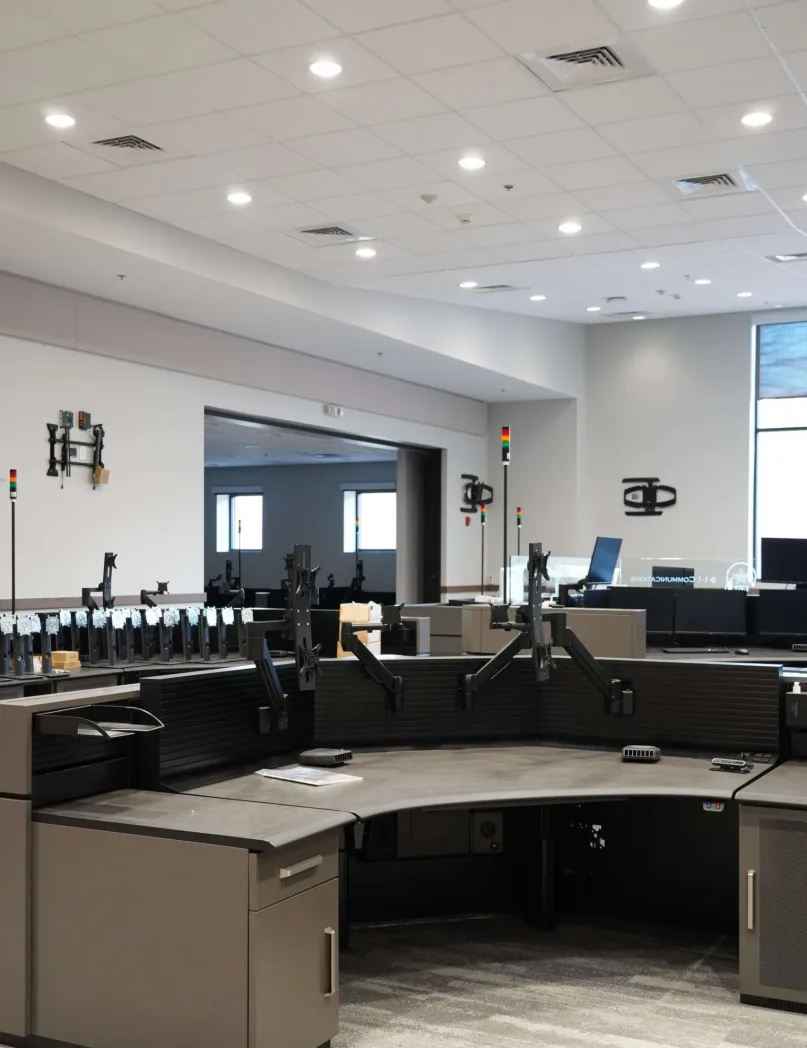 Desks inside the 811 911 Call Center in Roanoke, Virginia.