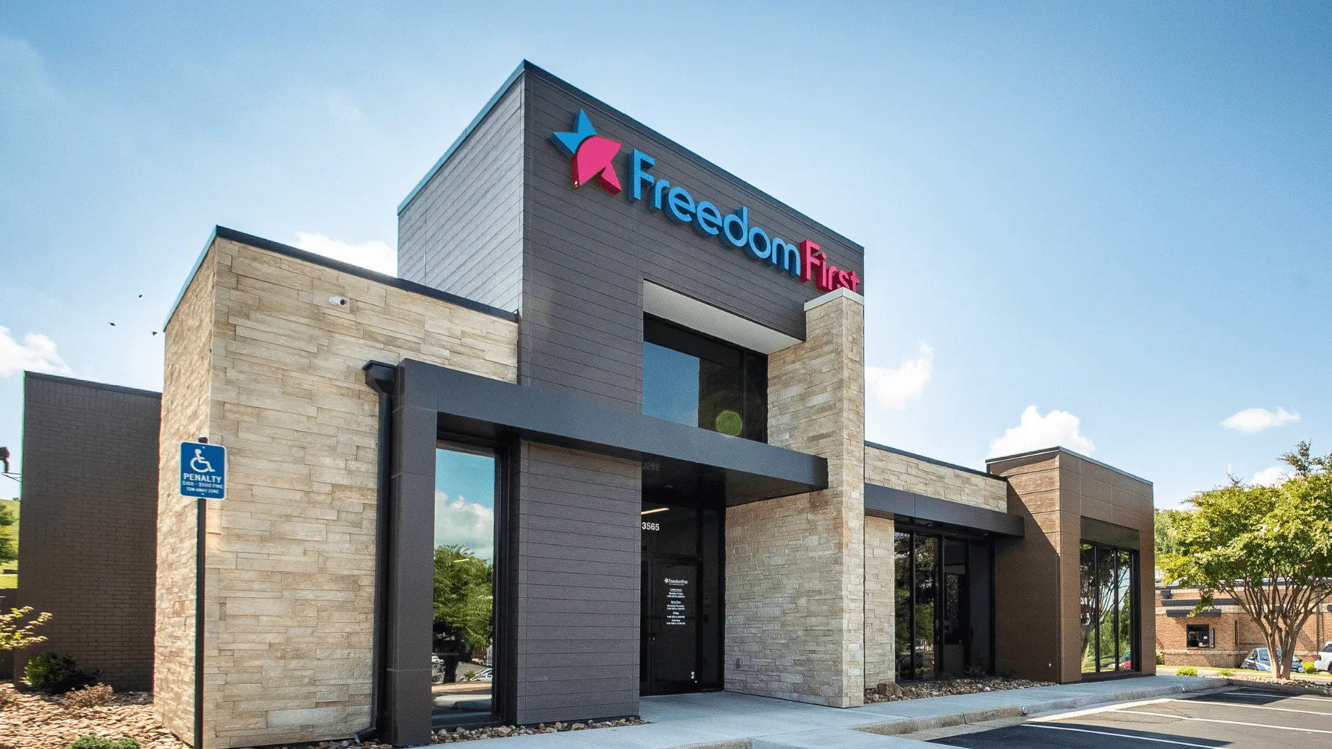 The exterior of the Freedom First Credit Union building in Bonsack, Virginia.