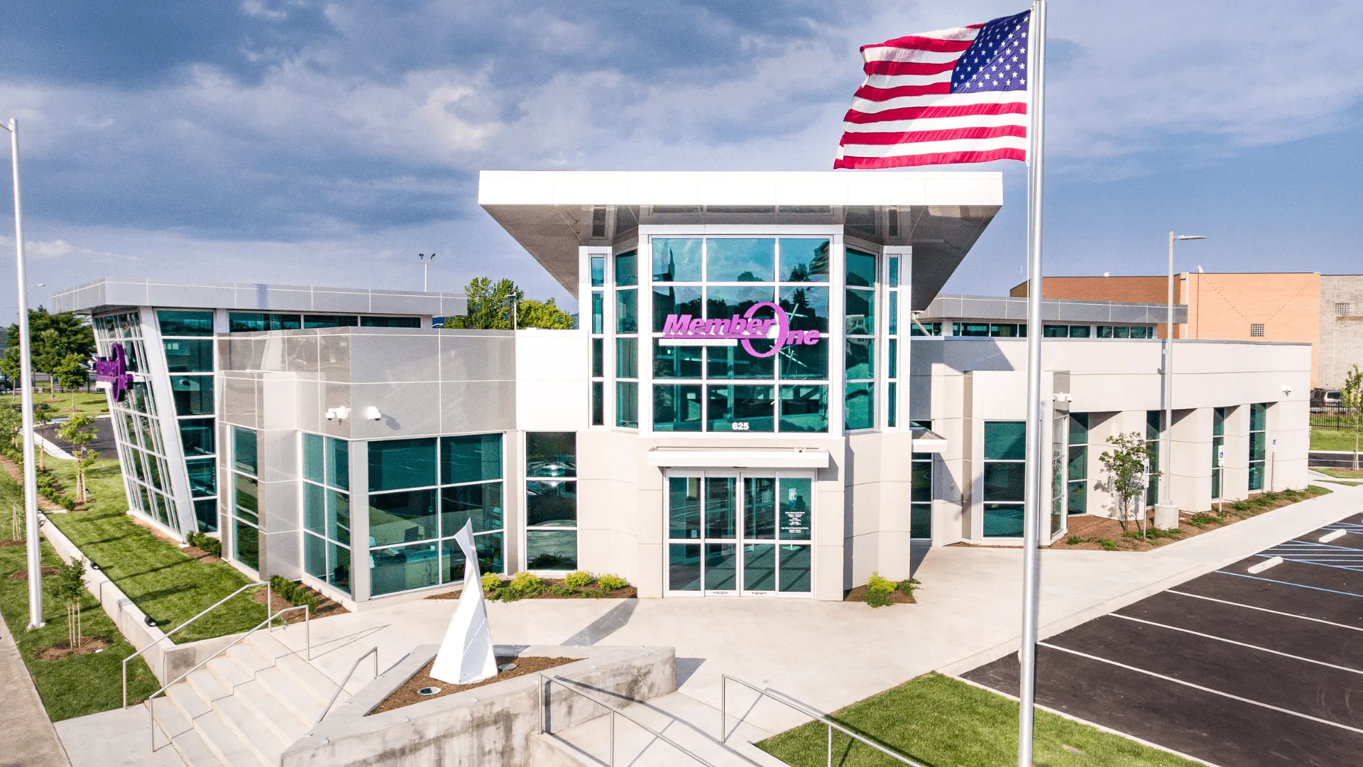 The exterior of the Member One Credit Union Service Center building in Roanoke, Virginia.