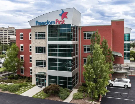 The exterior of the Freedom First Credit Union building on Bullitt Avenue in Roanoke, Virginia.