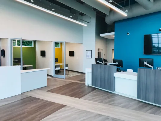 The service desks in the main lobby of the Member One Credit Union building in South Roanoke, Virginia.