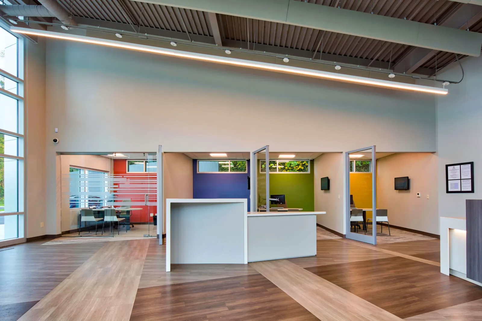 Offices and a service desk inside the Member One Credit Union building in Roanoke, Virginia.