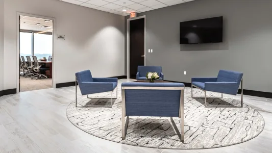 A seating area inside the offices of Woods Rogers in Roanoke, Virginia.