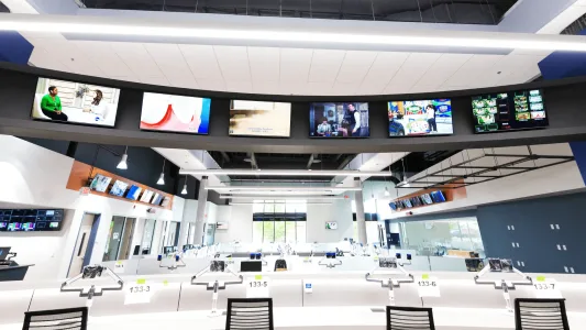 Producers' desks in the WSLS newsroom in Roanoke, Virginia.