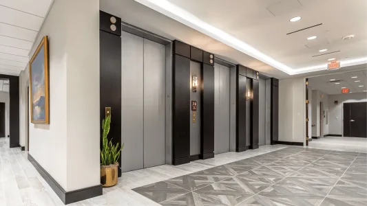The elevators in the main lobby of Woods Rogers in Roanoke, Virginia.