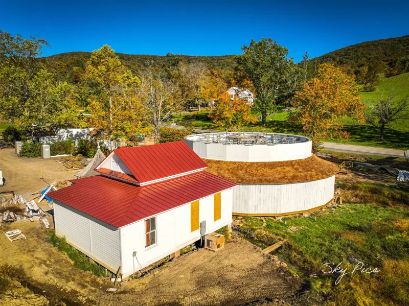 The exterior of the Warm Springs Pool building in Warm Springs, Virginia.